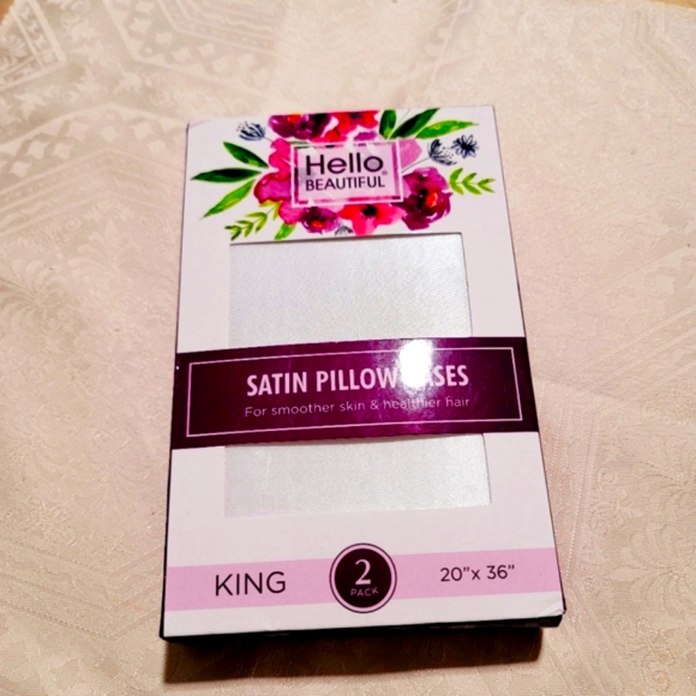 NEW! HELLO BEAUTIFUL Satin Pillow Cases in White - King Size (2 Pillow Cases)